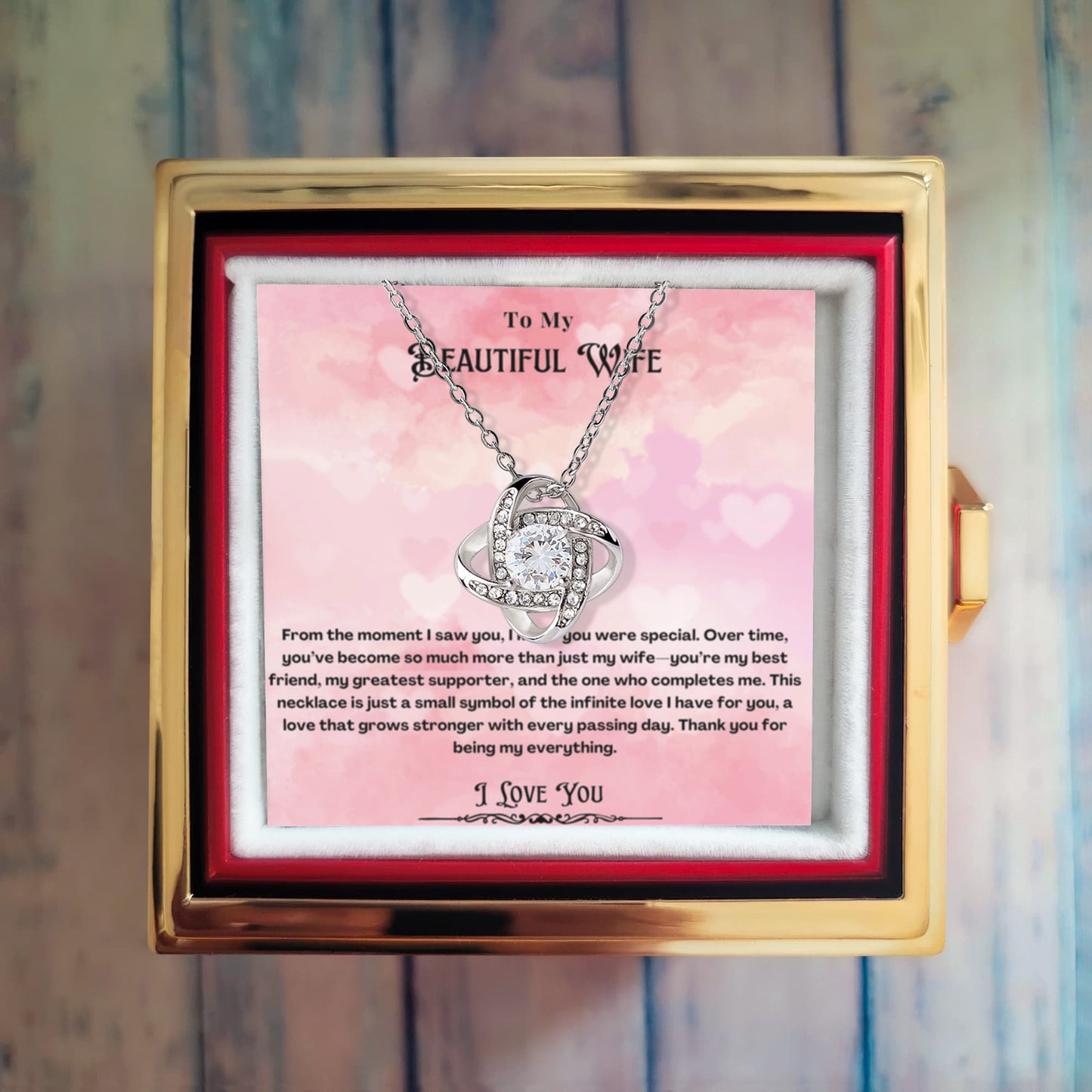To My Beautiful Wife Rotating Rose Message Card Necklace