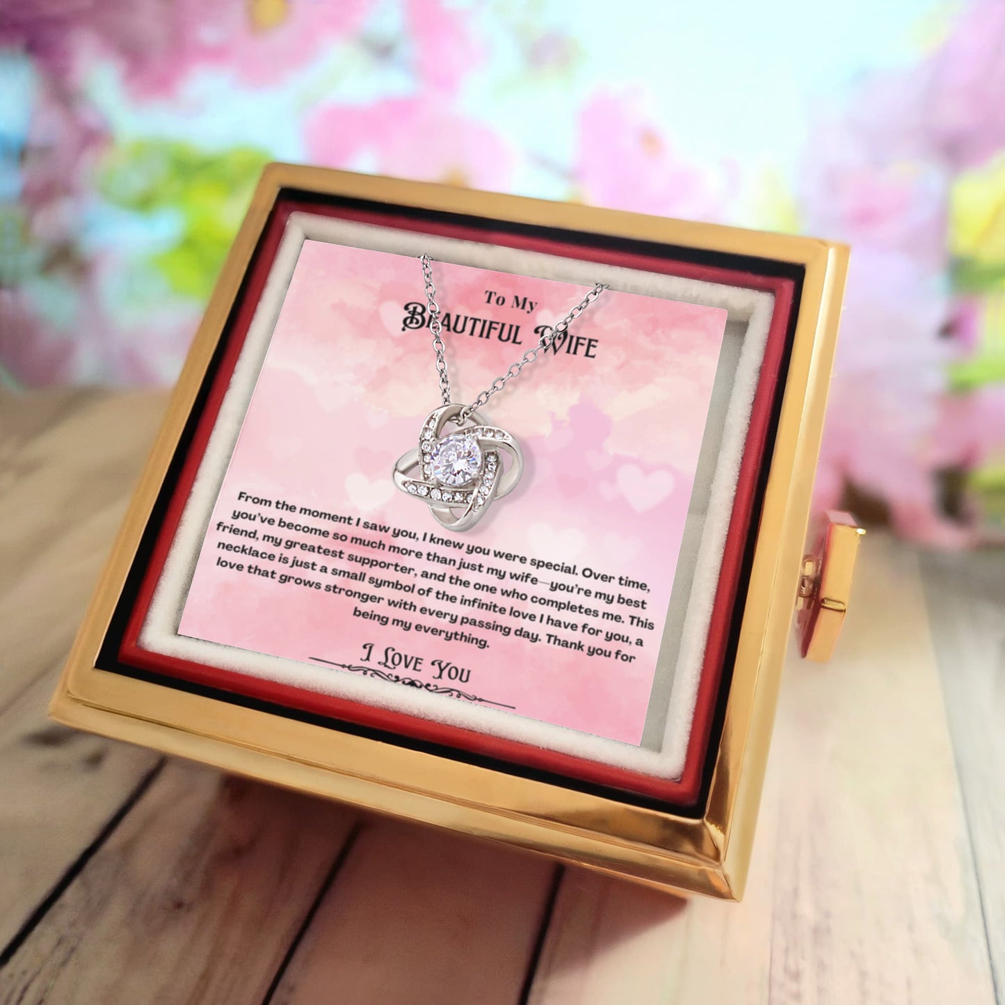 To My Beautiful Wife Rotating Rose Message Card Necklace