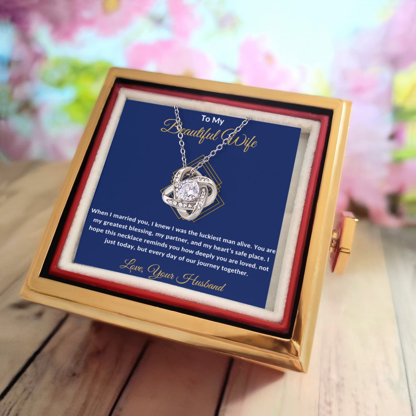 To My Beautiful Wife Rotating Rose Message Card Necklace