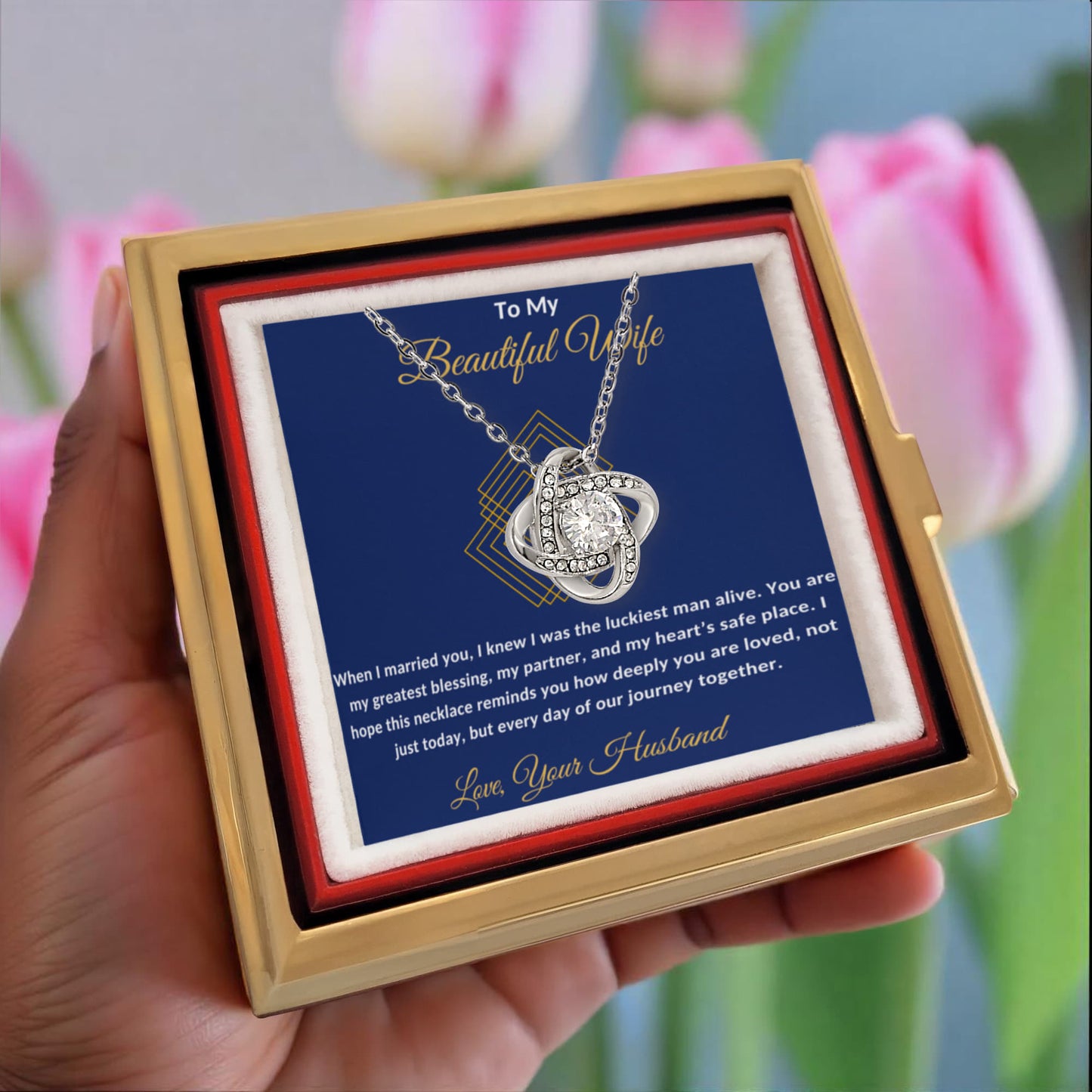 To My Beautiful Wife Rotating Rose Message Card Necklace