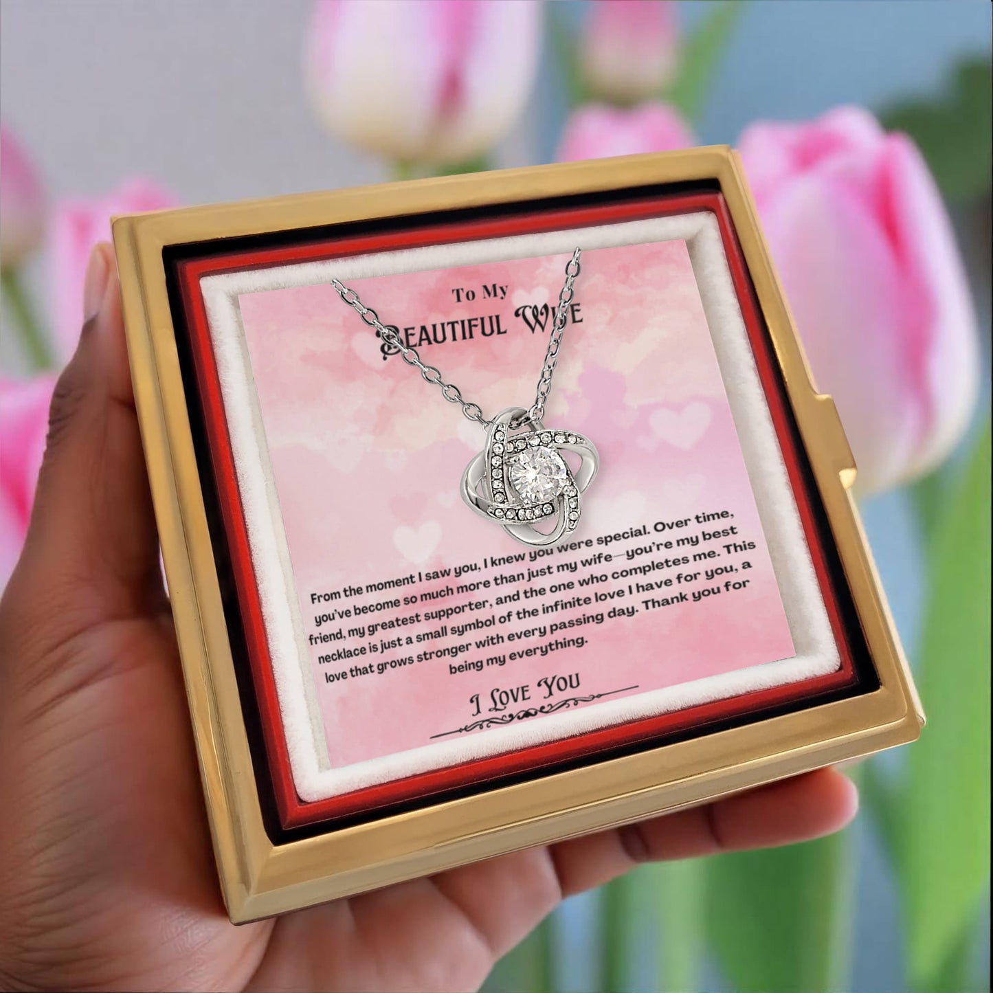 To My Beautiful Wife Rotating Rose Message Card Necklace