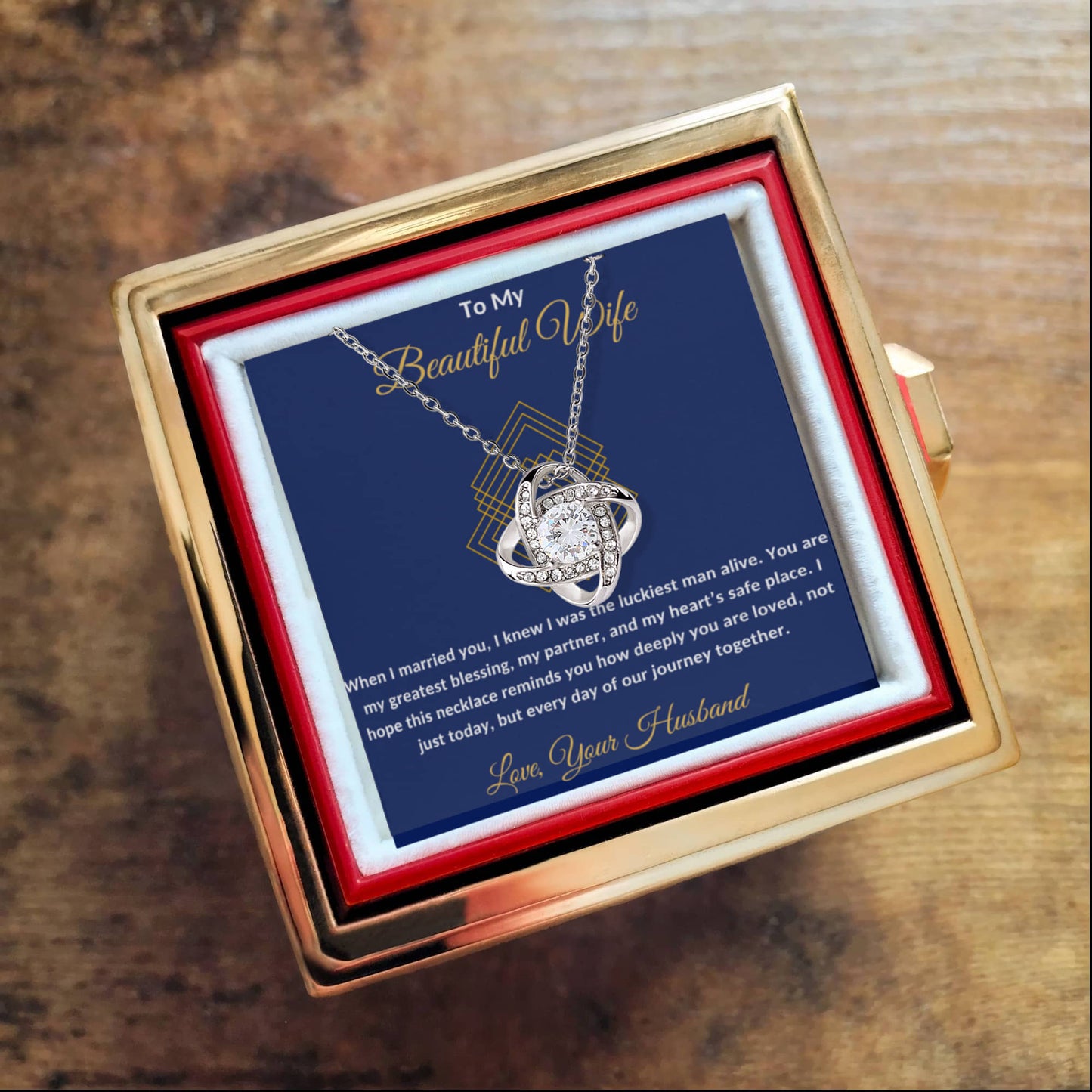 To My Beautiful Wife Rotating Rose Message Card Necklace