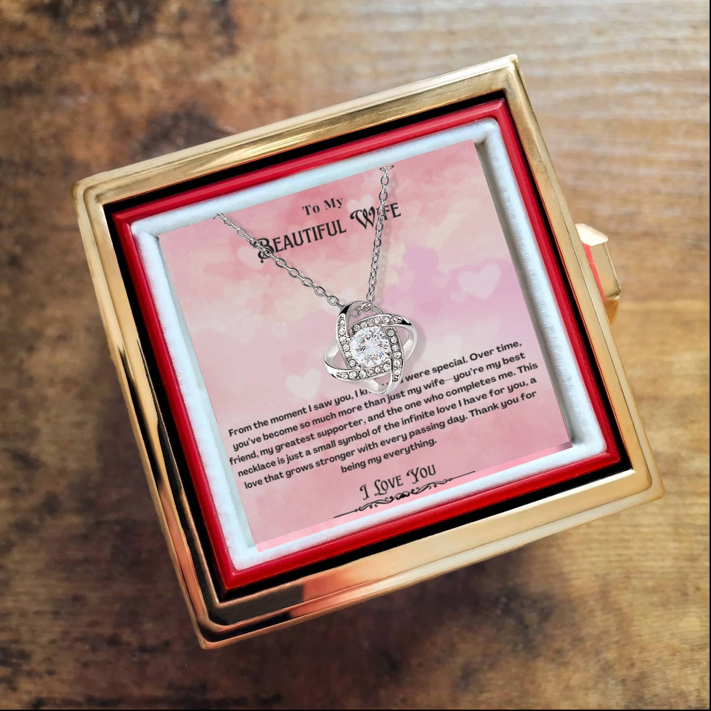 To My Beautiful Wife Rotating Rose Message Card Necklace