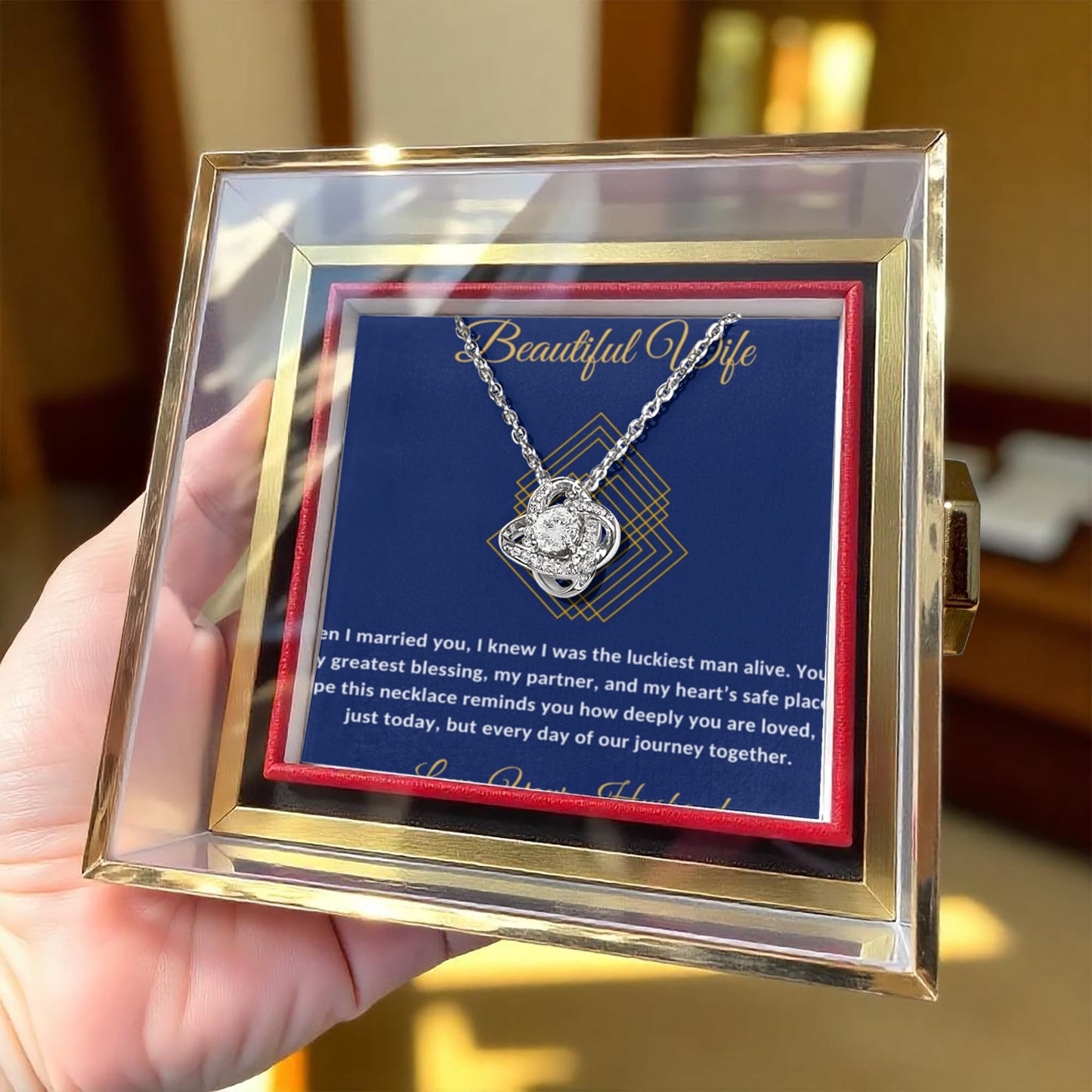 To My Beautiful Wife Rotating Rose Message Card Necklace