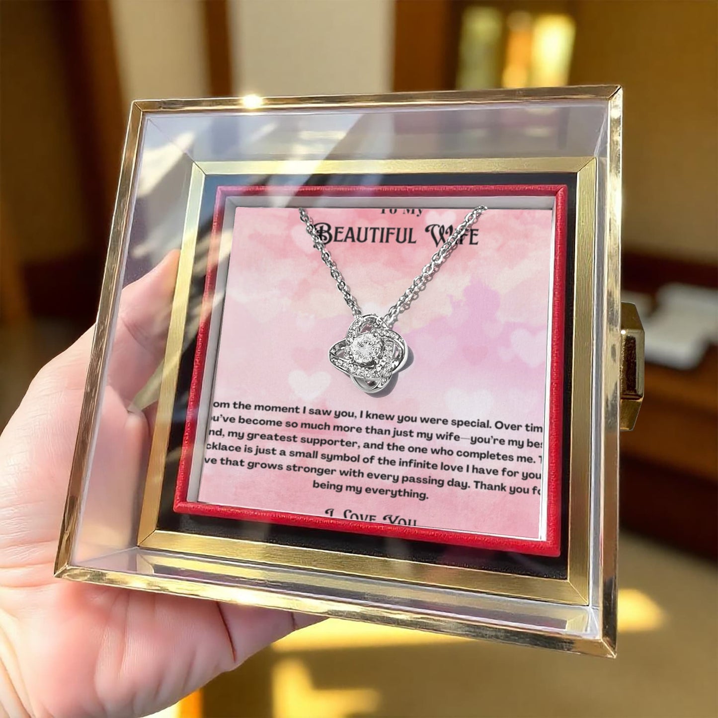 To My Beautiful Wife Rotating Rose Message Card Necklace