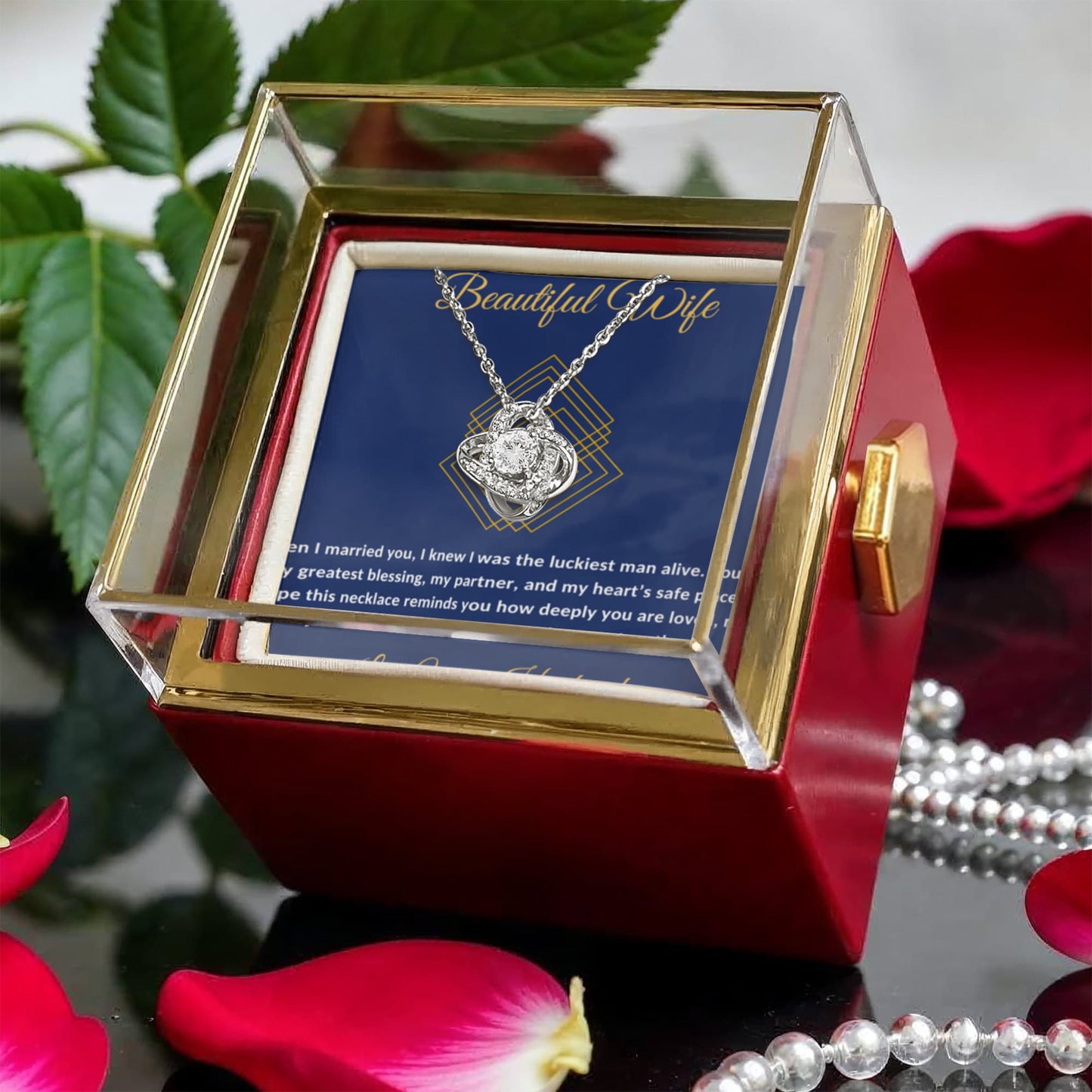 To My Beautiful Wife Rotating Rose Message Card Necklace