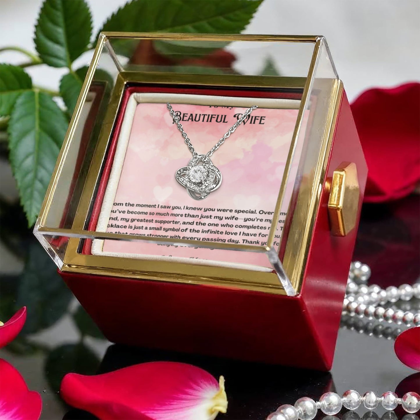 To My Beautiful Wife Rotating Rose Message Card Necklace