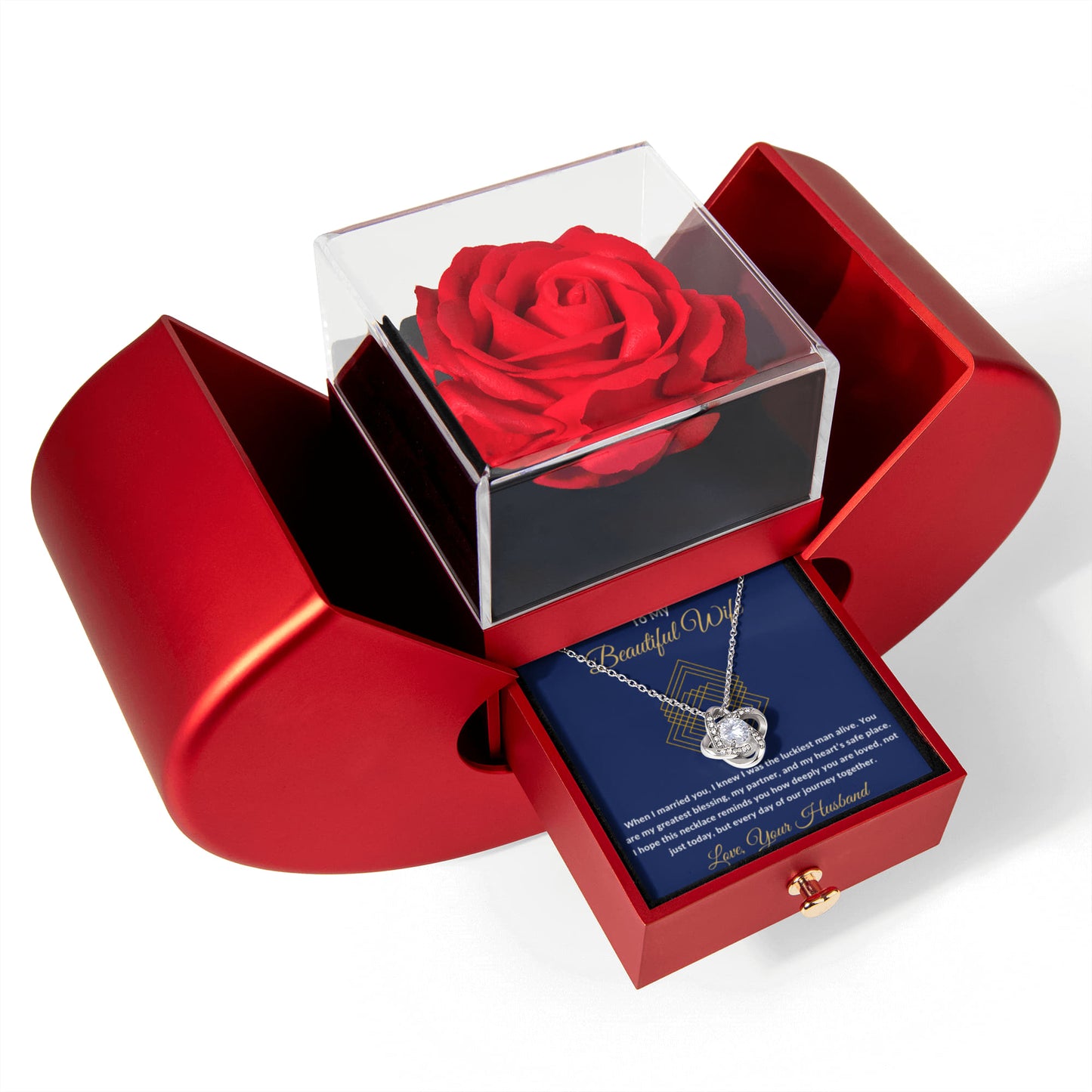 To My Beautiful Wife Message Card Necklace With Red Heart Rose Box