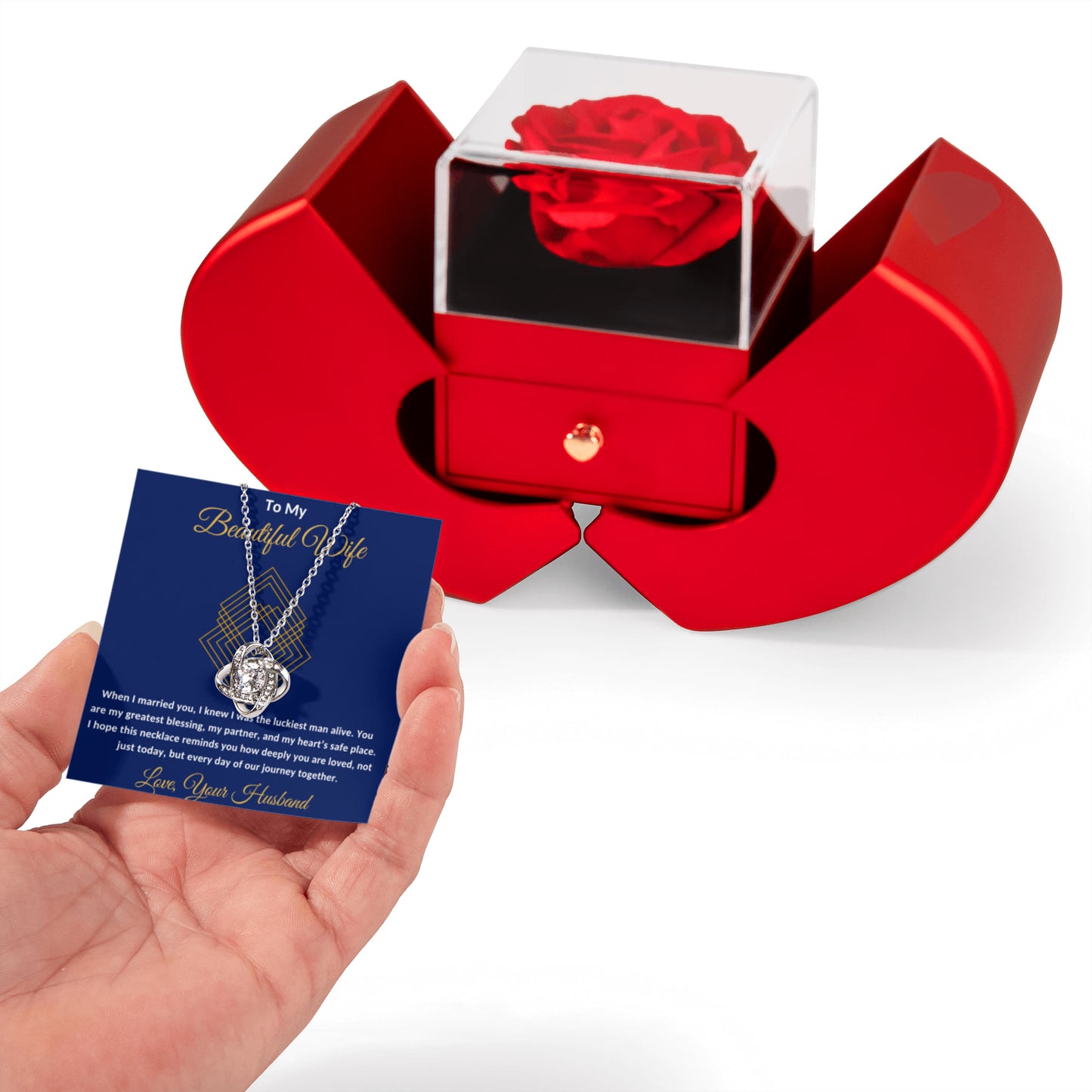To My Beautiful Wife Message Card Necklace With Red Heart Rose Box