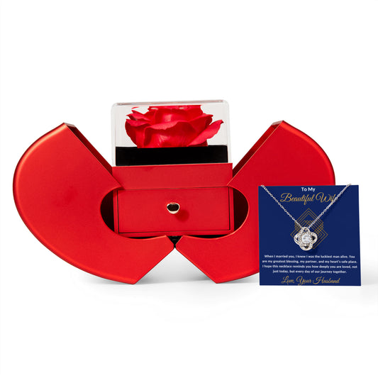 To My Beautiful Wife Message Card Necklace With Red Heart Rose Box