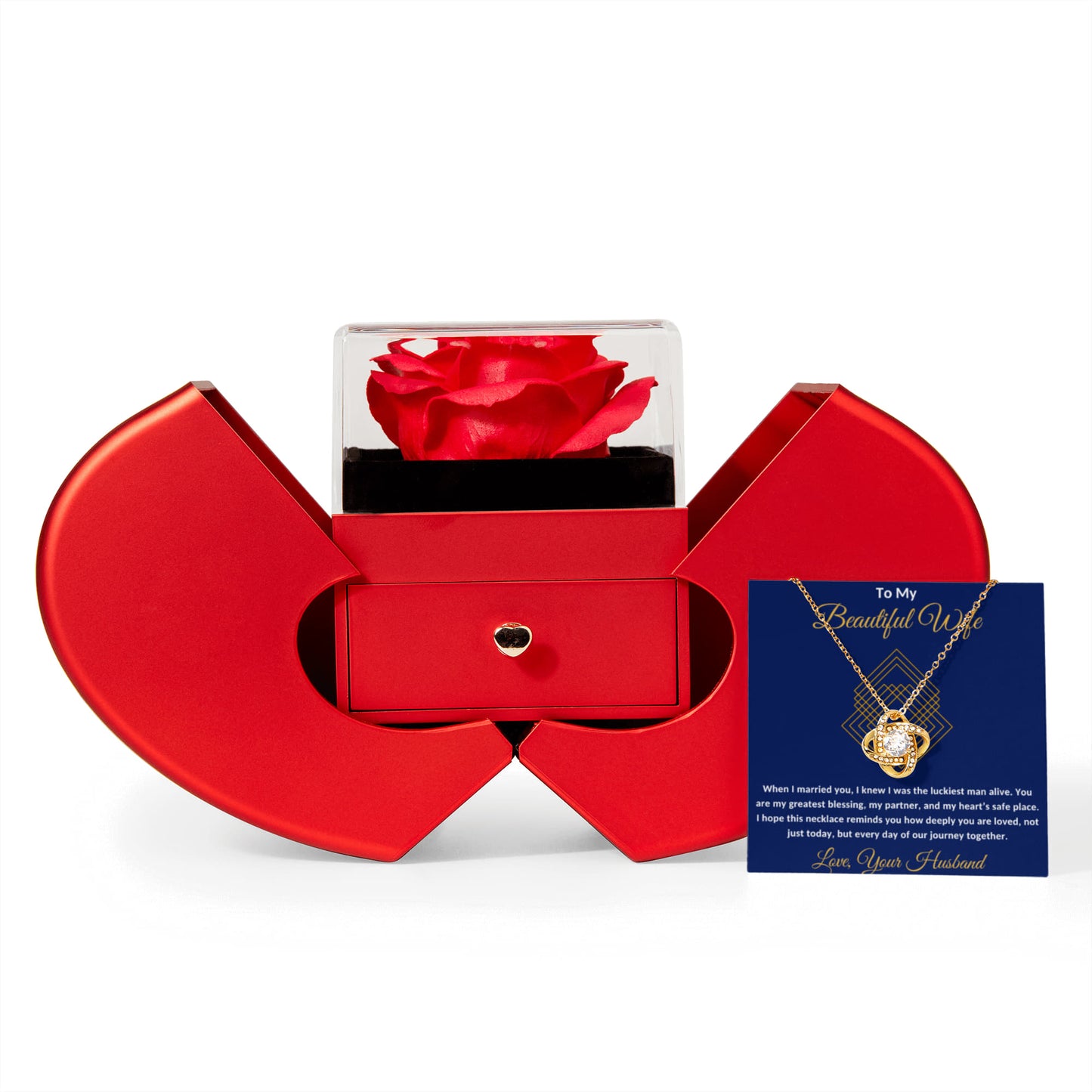 To My Beautiful Wife Message Card Necklace With Red Heart Rose Box