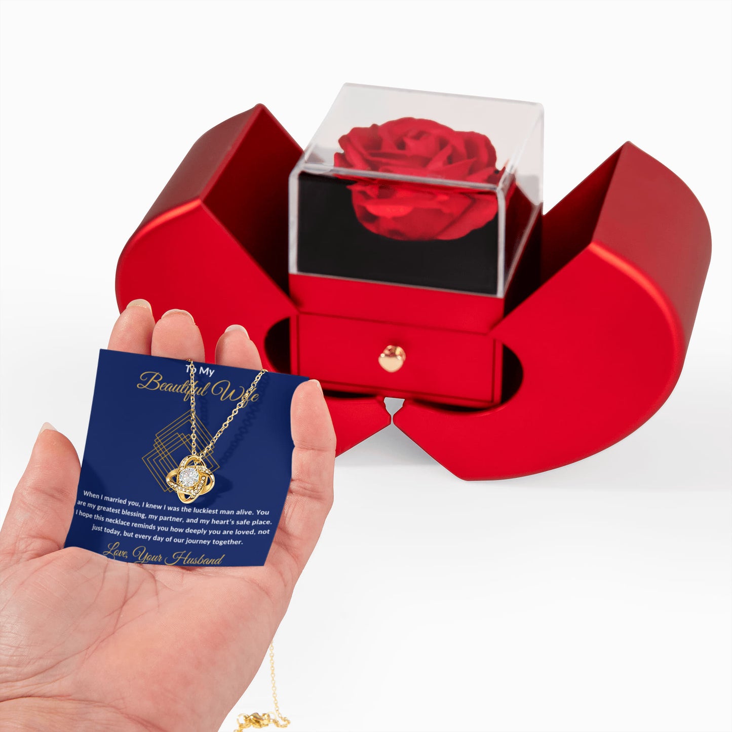 To My Beautiful Wife Message Card Necklace With Red Heart Rose Box