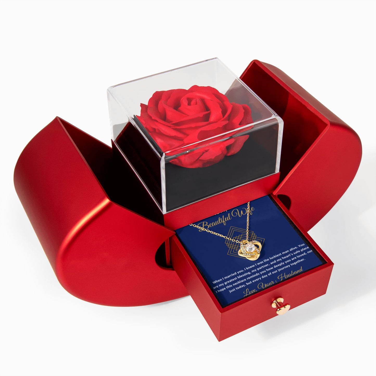 To My Beautiful Wife Message Card Necklace With Red Heart Rose Box