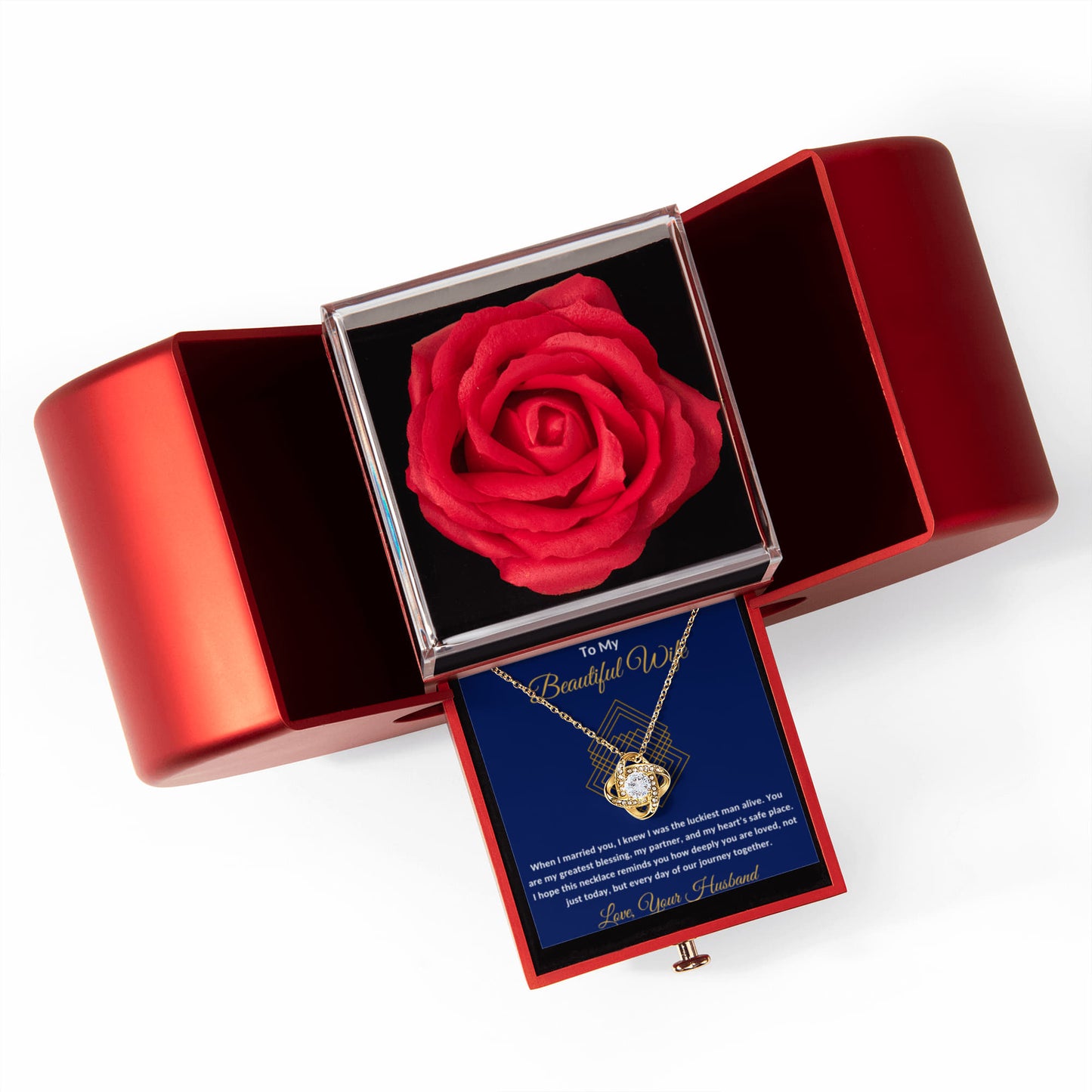 To My Beautiful Wife Message Card Necklace With Red Heart Rose Box